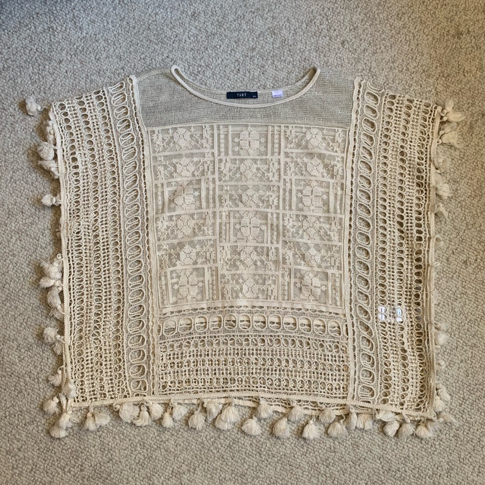 Tart Cream Crochet Knit Fringe Top, Size XS/S